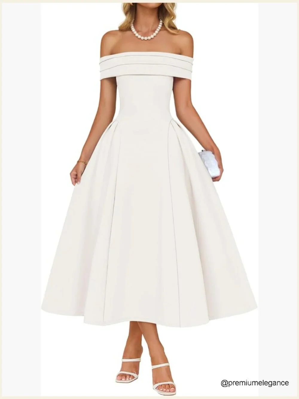 Off Shoulder Short Sleeve A-Line Midi Dress - Formal Party - Picture 1 of 7
